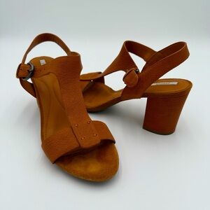 Geox Respira Nesa Heeled Chunky High Heel Sandals Camel Brown Italian Patent 8.5